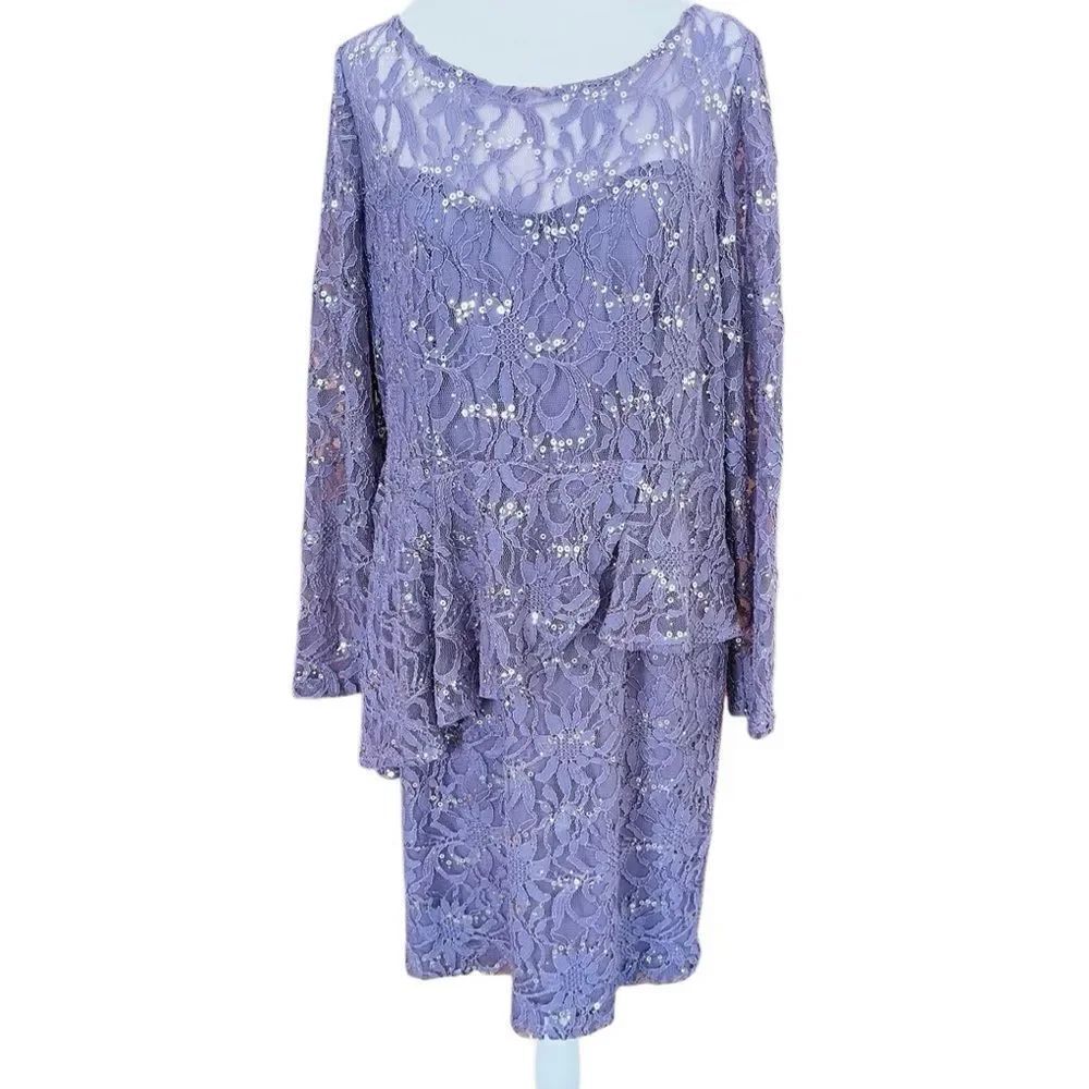 Ursula of Switzerland Illusion Lavender Lace Asymmetrical peplum Dress size 10.